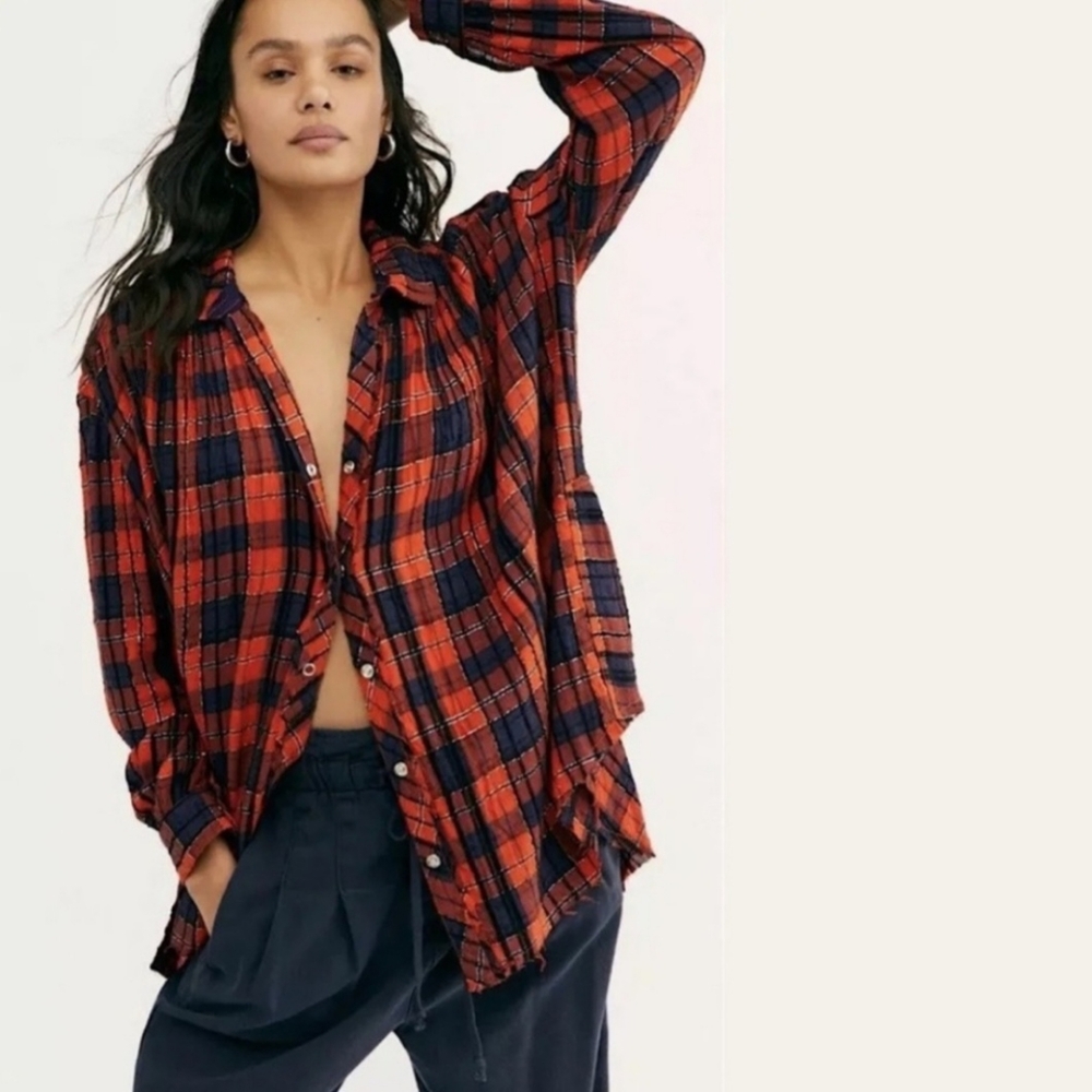 FREE PEOPLE 'Lela' Plaid Metallic Oversized Button Down Top